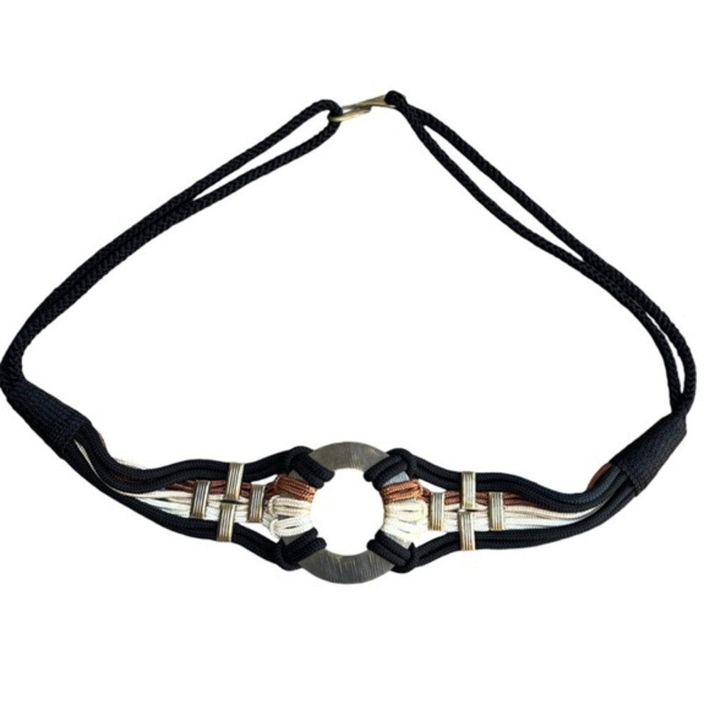 Rope Braid Beaded Black‎ & Neutral Waist Belt w Gold Silver Medallion 42" Womens